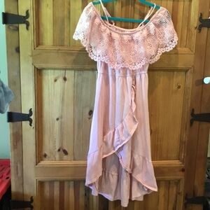 No Boundaries Blush Pink Off-Shoulder Lace Ruffle Dress